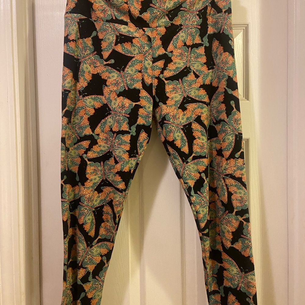 LuLaRoe Vibrant Orange and Green Butterfly Leggings